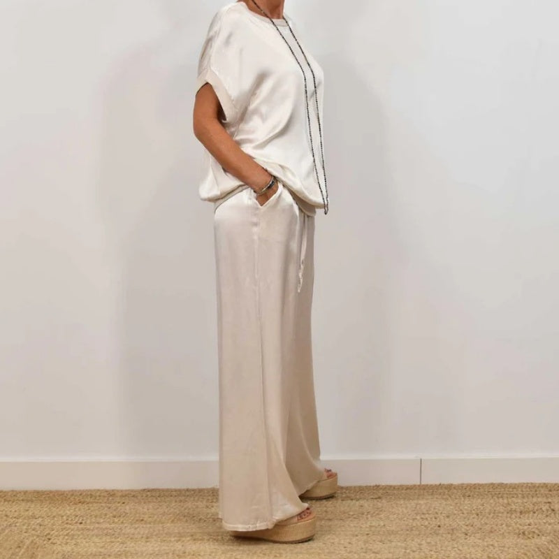 Satin Short Sleeve Top and Wide Leg Pants Two Piece Set