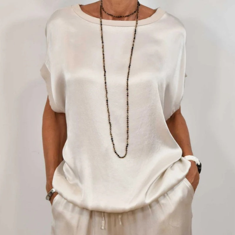 Satin Short Sleeve Top and Wide Leg Pants Two Piece Set