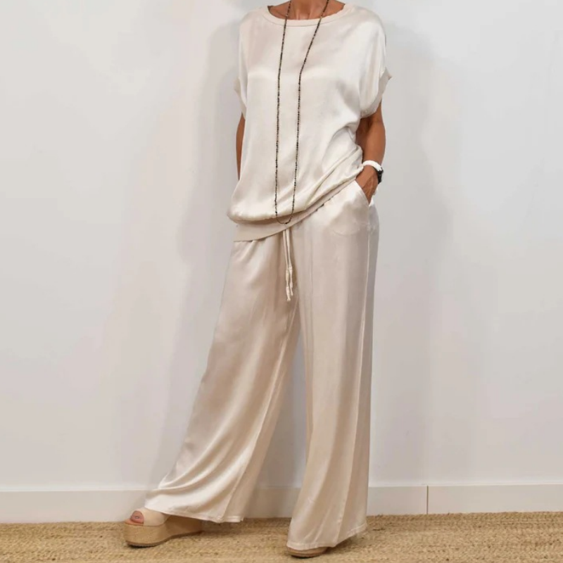 Satin Short Sleeve Top and Wide Leg Pants Two Piece Set