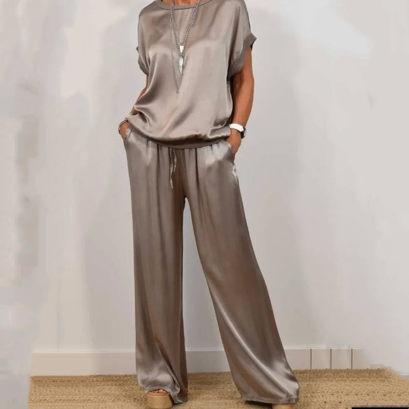 Satin Short Sleeve Top and Wide Leg Pants Two Piece Set
