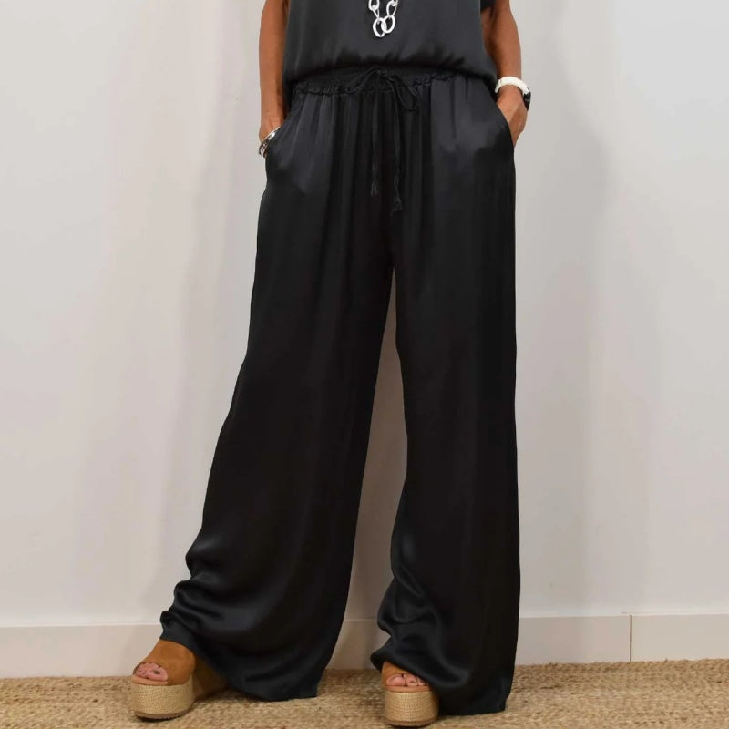 Satin Short Sleeve Top and Wide Leg Pants Two Piece Set