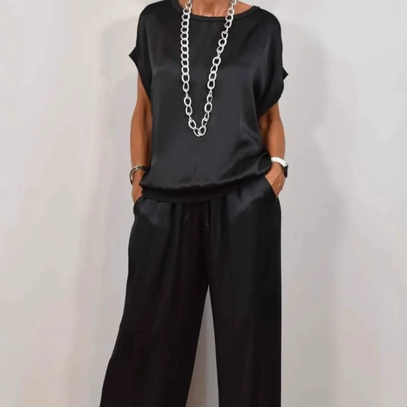 Satin Short Sleeve Top and Wide Leg Pants Two Piece Set