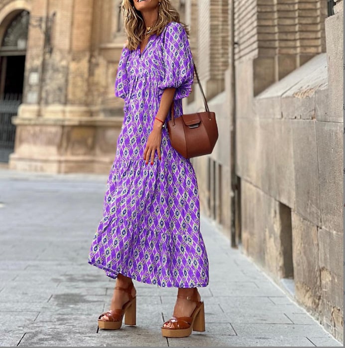 V-Neck Puff Sleeve Tiered Maxi Dress Boho 12