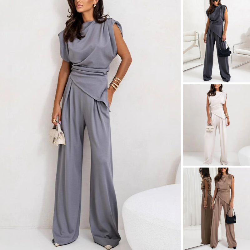Sleeveless Ruched Top and Wide Leg Pants Two Piece Set
