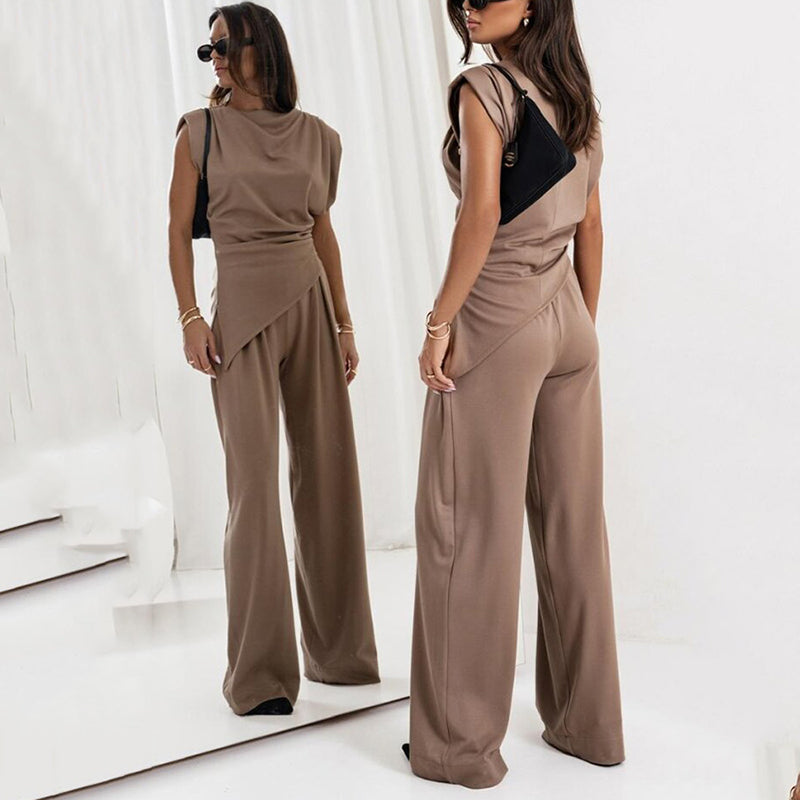 Sleeveless Ruched Top and Wide Leg Pants Two Piece Set
