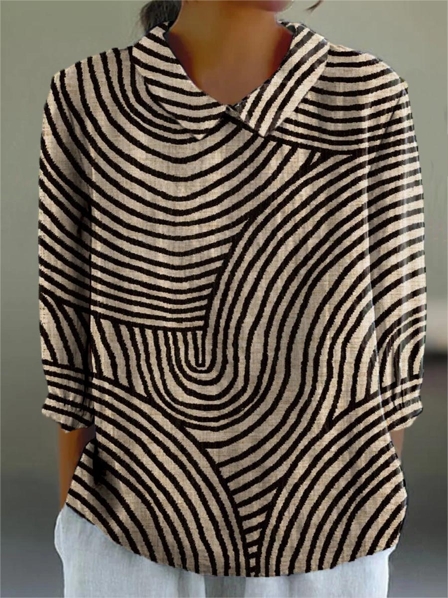 Swirl Print Collared Long Sleeve Blouse