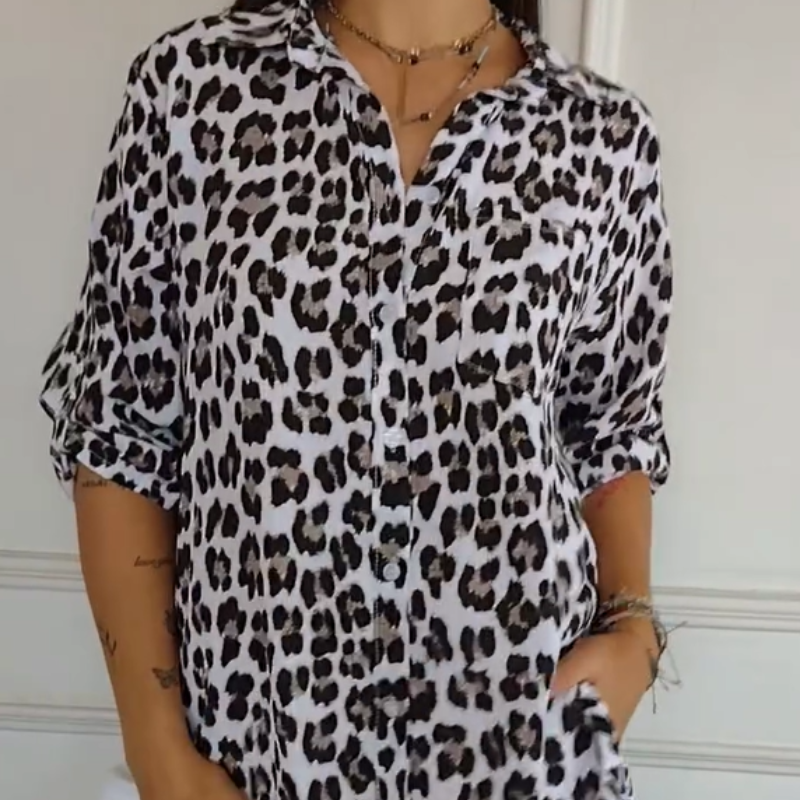 Leopard Print Collared Long Sleeve Button Front Blouse