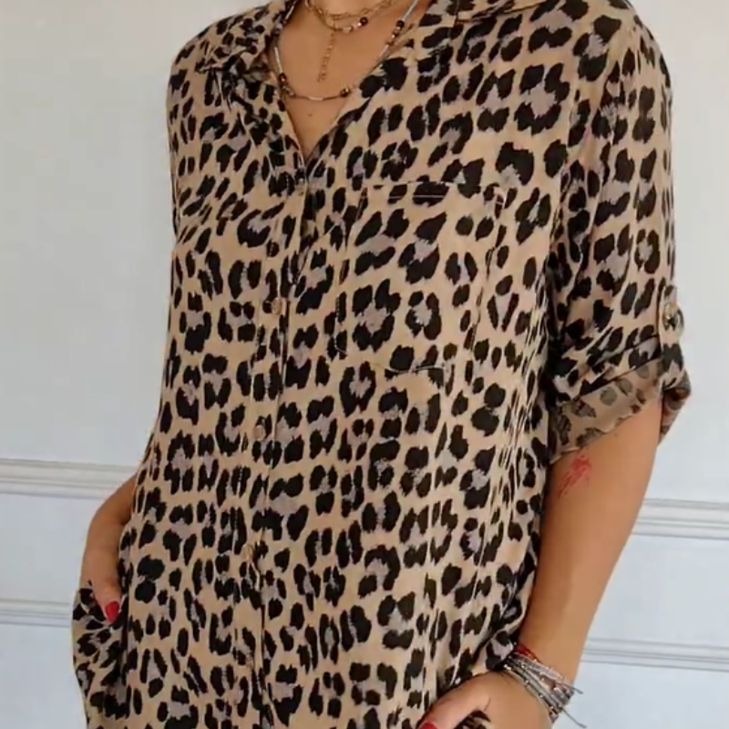 Leopard Print Collared Long Sleeve Button Front Blouse 3