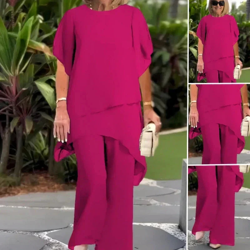 Chiffon Layered Overlay Top and Wide Leg Pants Two Piece Set