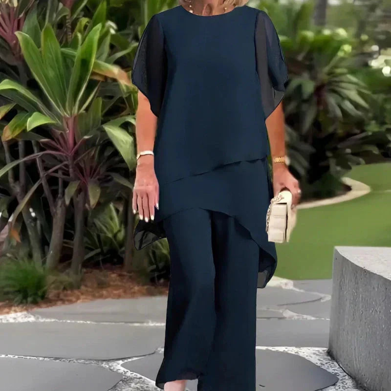 Chiffon Layered Overlay Top and Wide Leg Pants Two Piece Set