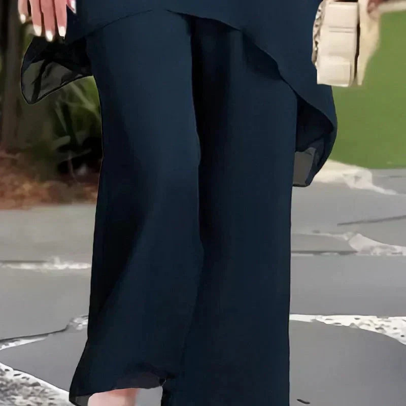 Chiffon Layered Overlay Top and Wide Leg Pants Two Piece Set