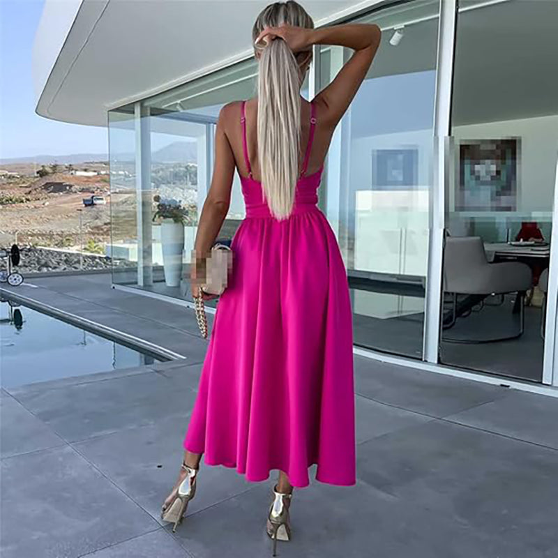 Vanette - Elegant Strappy Front Slit Midi Dress