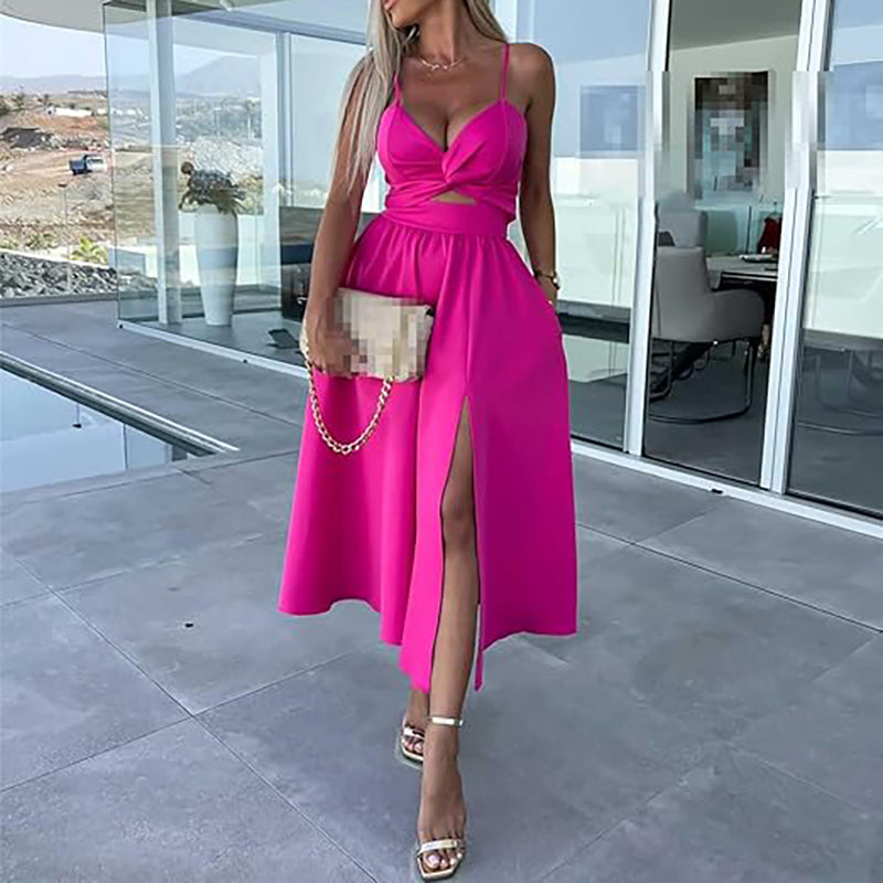 Vanette - Elegant Strappy Front Slit Midi Dress Pink Wine