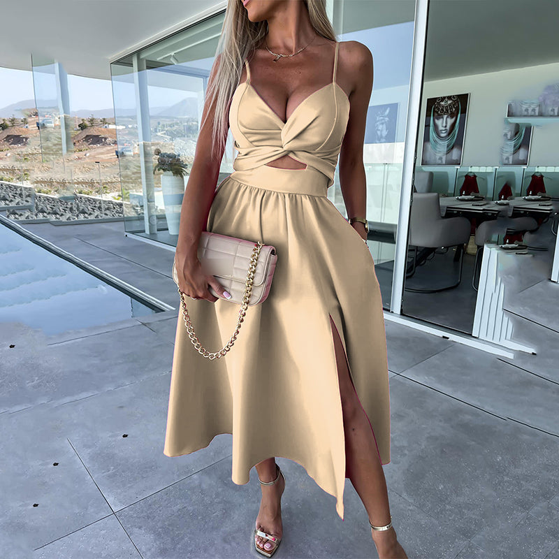 Sienna | Elegant Strappy Front Slit Midi Dress Khaki