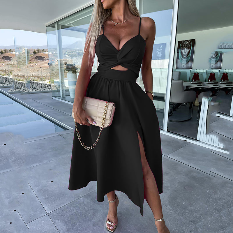 Vanette - Elegant Strappy Front Slit Midi Dress Black