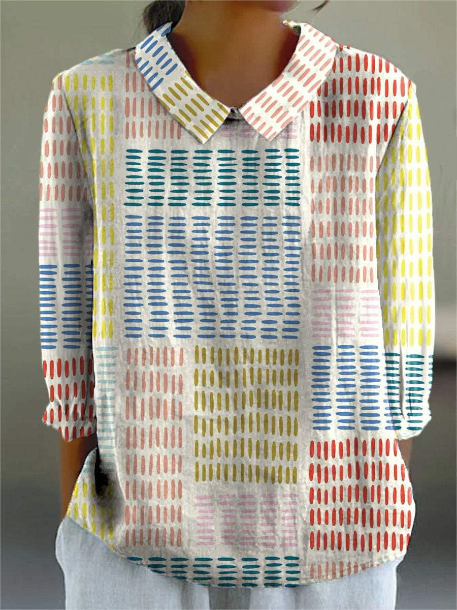 Collared Long Sleeve Abstract Dash Print Blouse