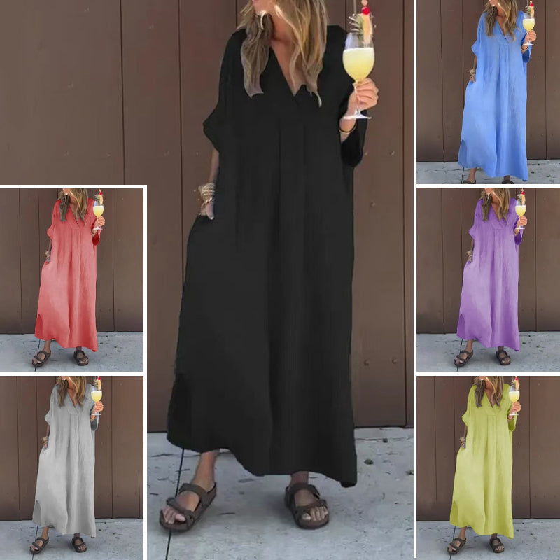 V-Neck Long Sleeve Pocket Flowy Maxi Dress Summer