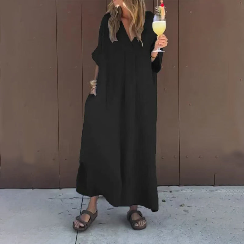 V-Neck Long Sleeve Pocket Flowy Maxi Dress Summer 3