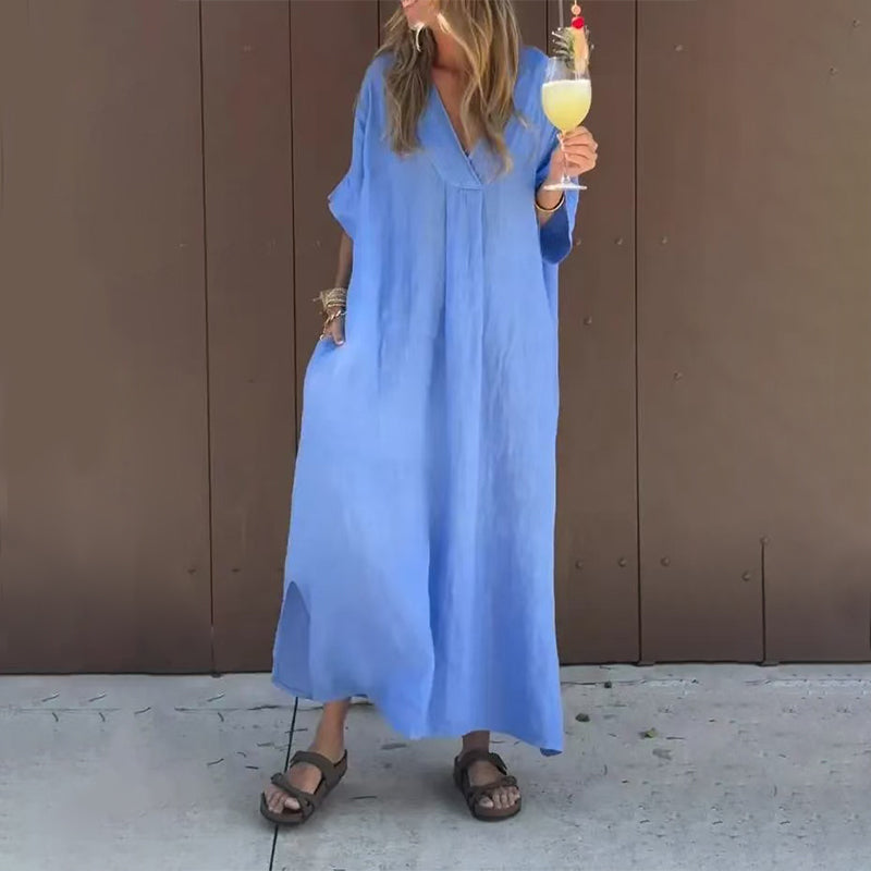 V-Neck Long Sleeve Pocket Flowy Maxi Dress Summer 2