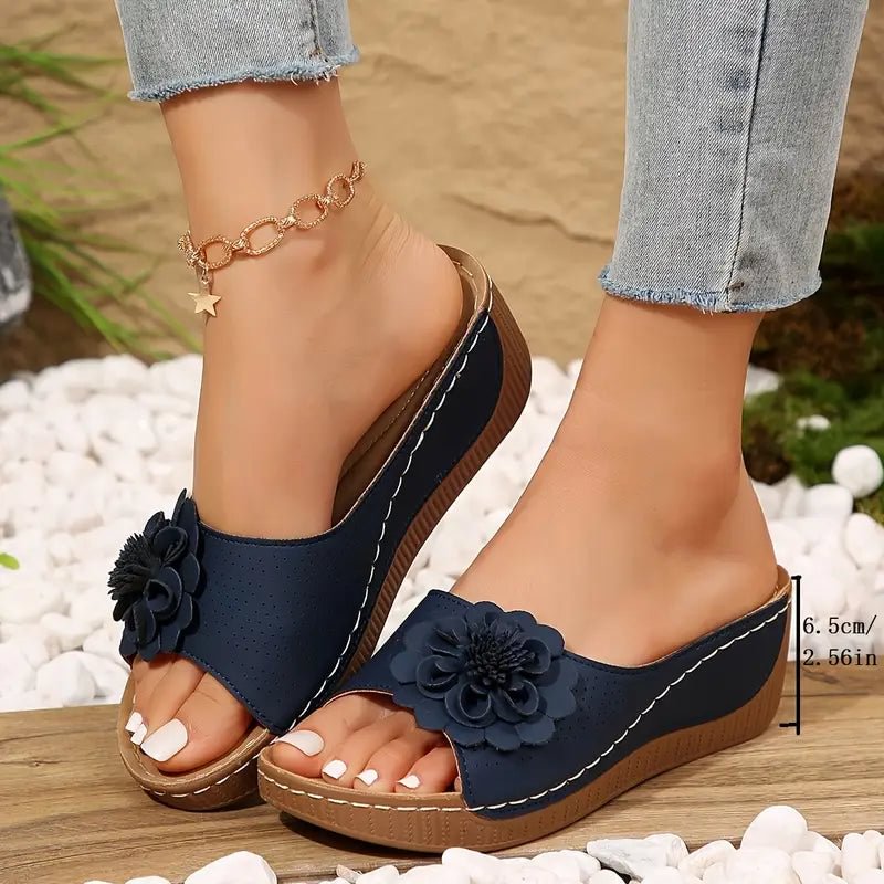 Open Toe Flower Wedge Slide Sandals