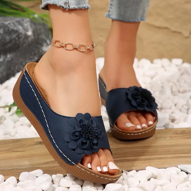 Open Toe Flower Wedge Slide Sandals