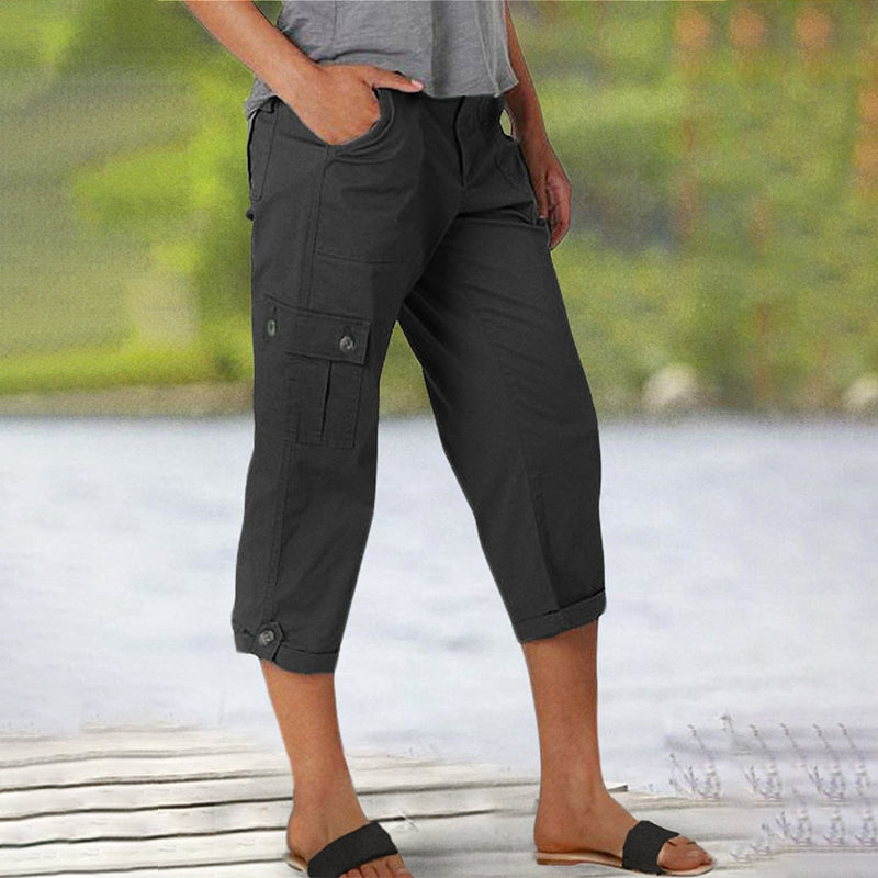 High Waist Multi Pocket Cargo Capri Pants