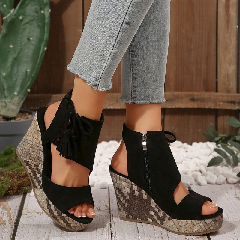 Peep Toe Fringe Platform Wedge Sandals