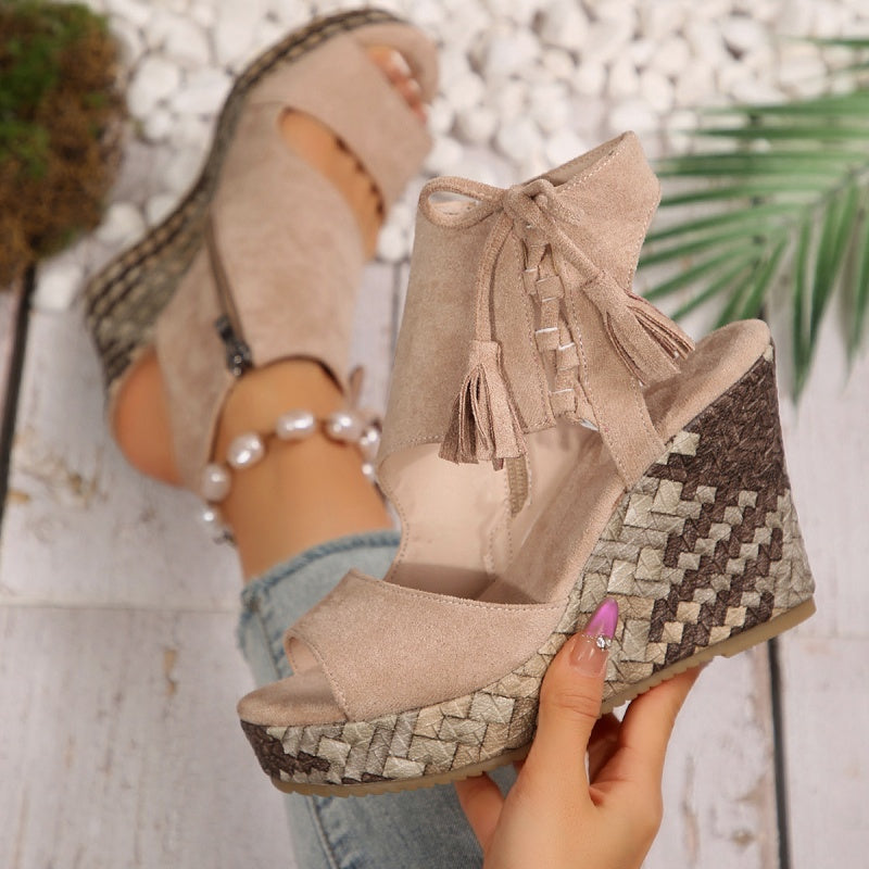 Peep Toe Fringe Platform Wedge Sandals