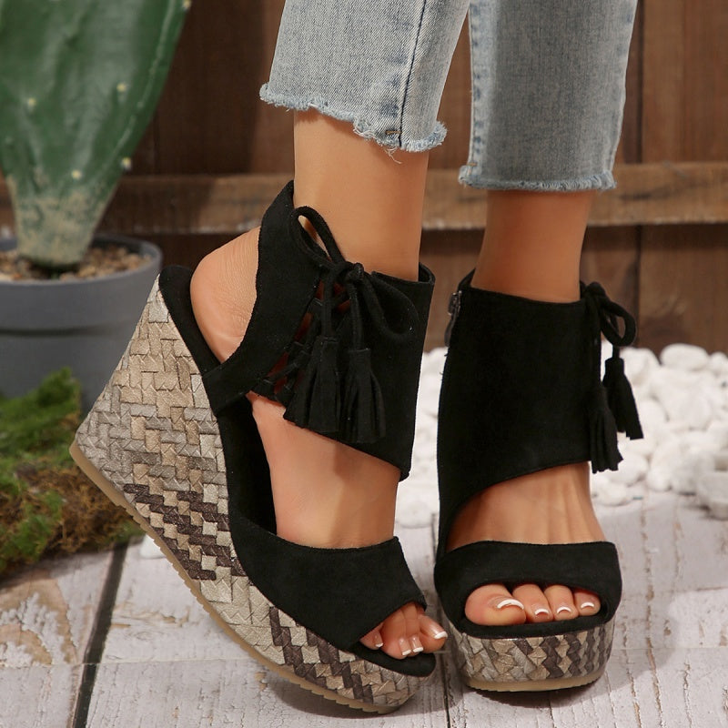 Peep Toe Fringe Platform Wedge Sandals