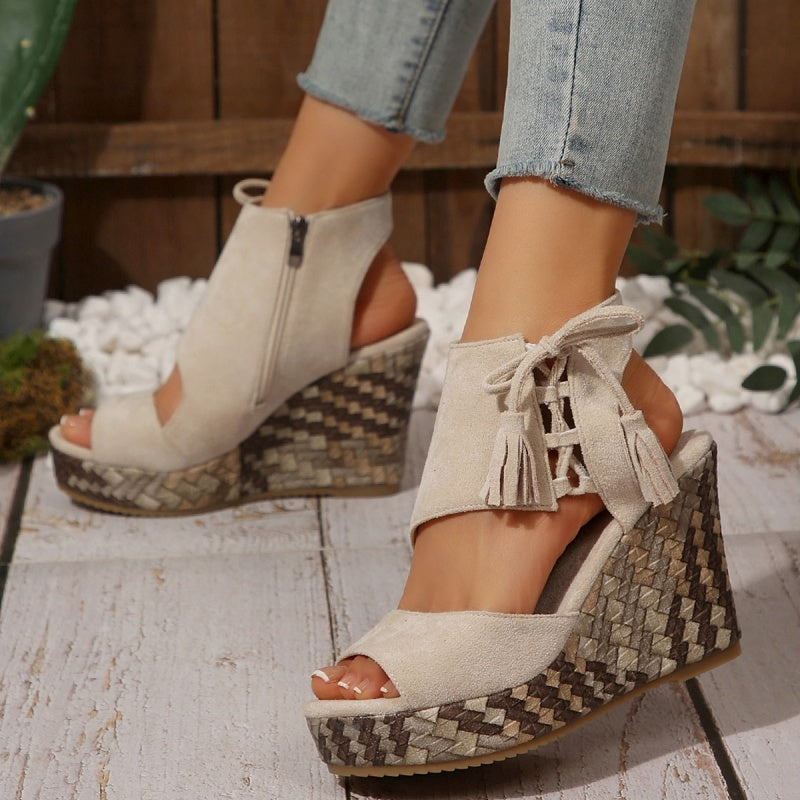 Peep Toe Fringe Platform Wedge Sandals