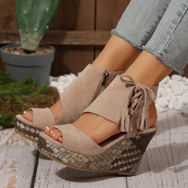 Peep Toe Fringe Platform Wedge Sandals