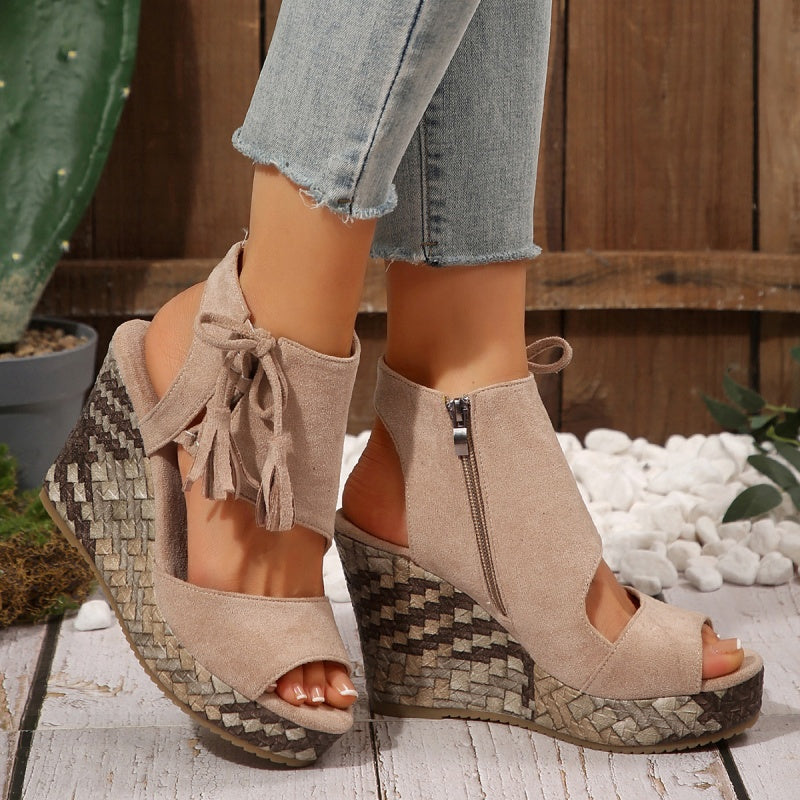Peep Toe Fringe Platform Wedge Sandals