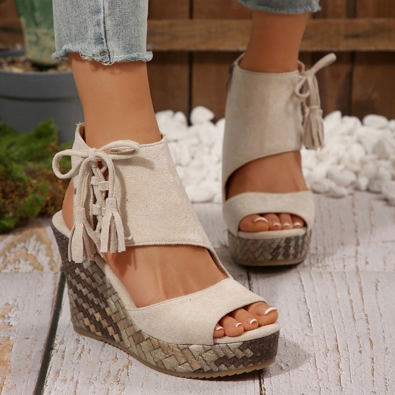 Peep Toe Fringe Platform Wedge Sandals
