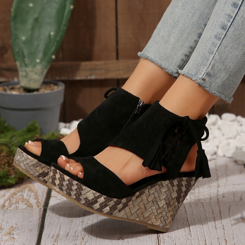 Peep Toe Fringe Platform Wedge Sandals