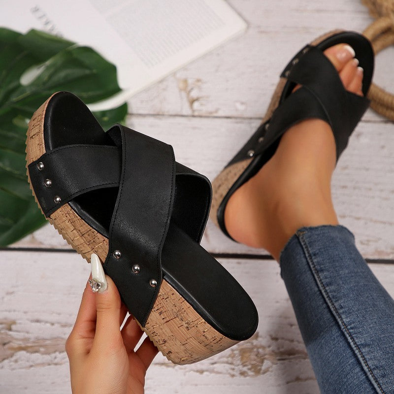 Open Toe Cross Strap Cork Platform Wedge Sandals