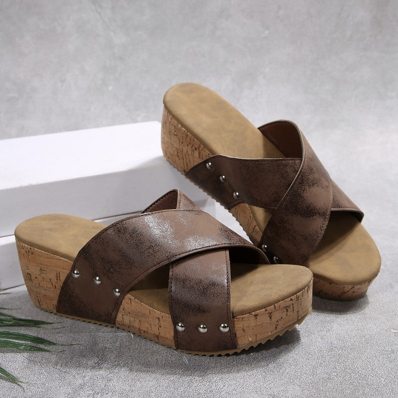 Open Toe Cross Strap Cork Platform Wedge Sandals