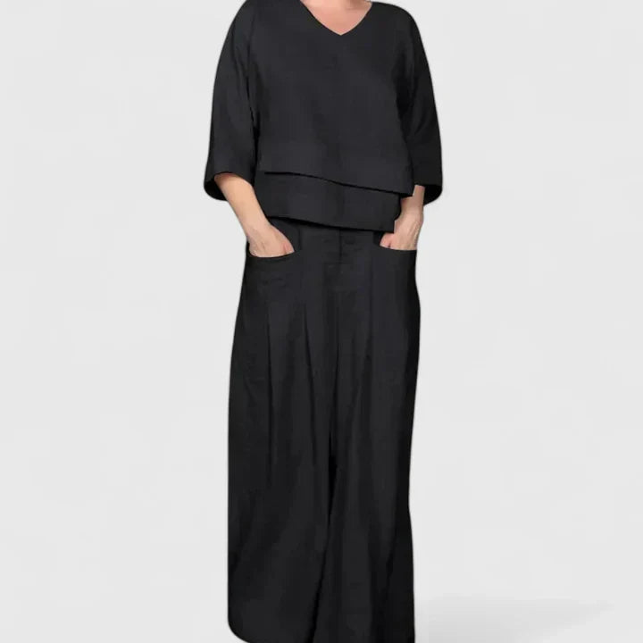 V-Neck Layered Top and Wide Leg Pants Two Piece Set
