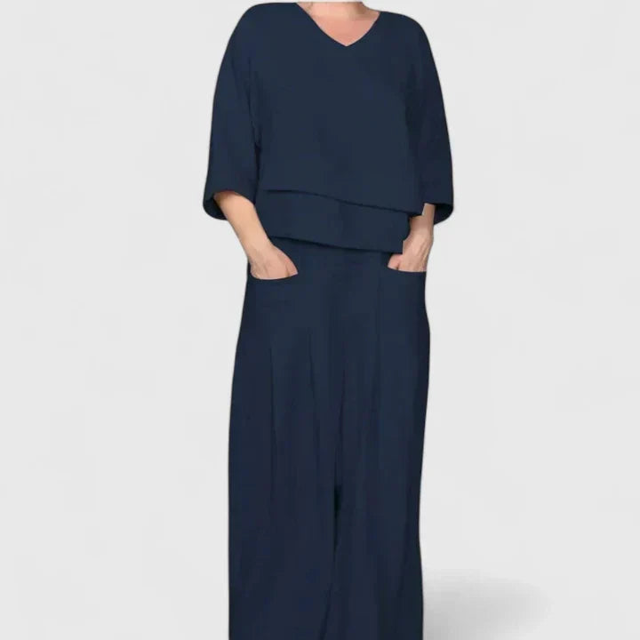 V-Neck Layered Top and Wide Leg Pants Two Piece Set
