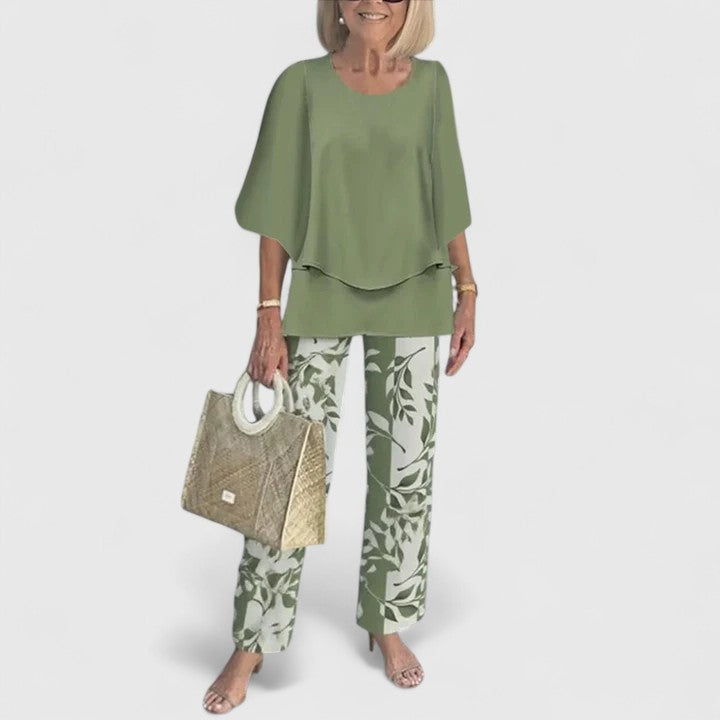 Flutter Sleeve Overlay Top and Leaf Print Pants Two Piece Set