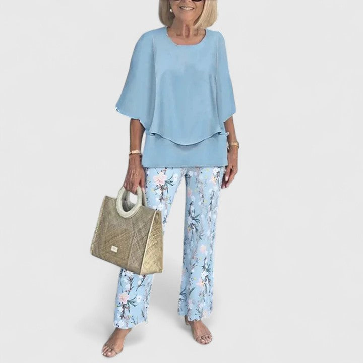 Flutter Sleeve Overlay Top and Leaf Print Pants Two Piece Set