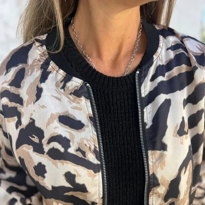 Animal Print Zip Front Bomber Jacket