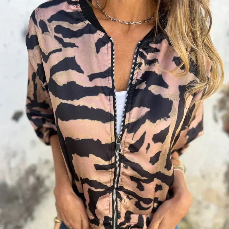 Animal Print Zip Front Bomber Jacket