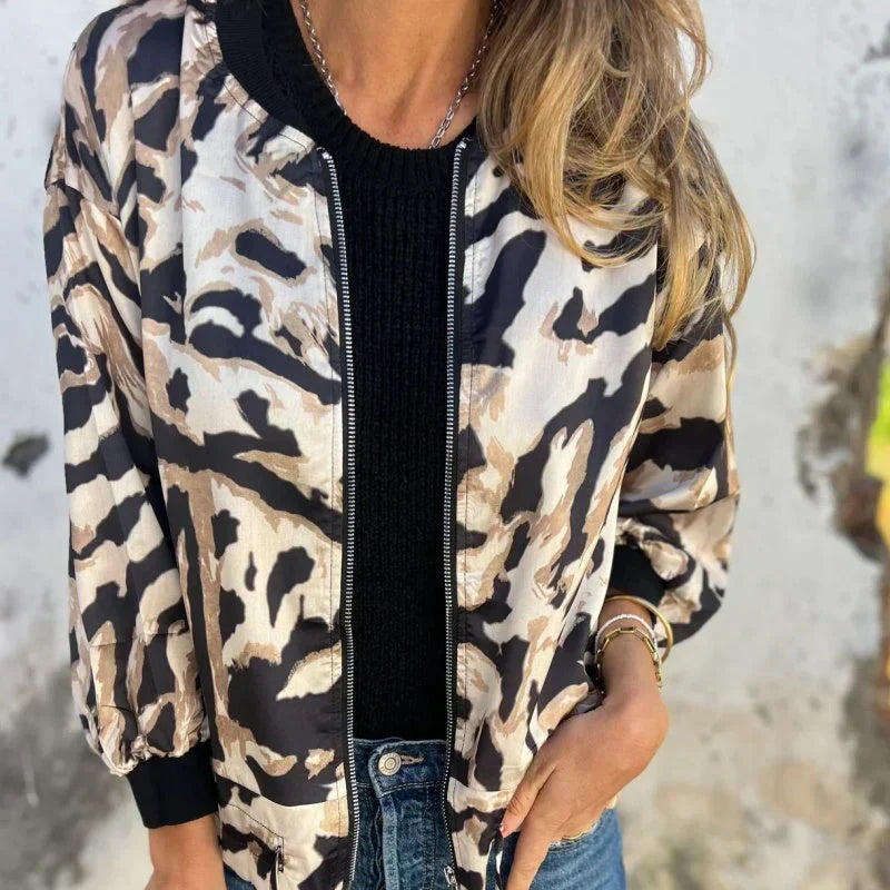 Animal Print Zip Front Bomber Jacket