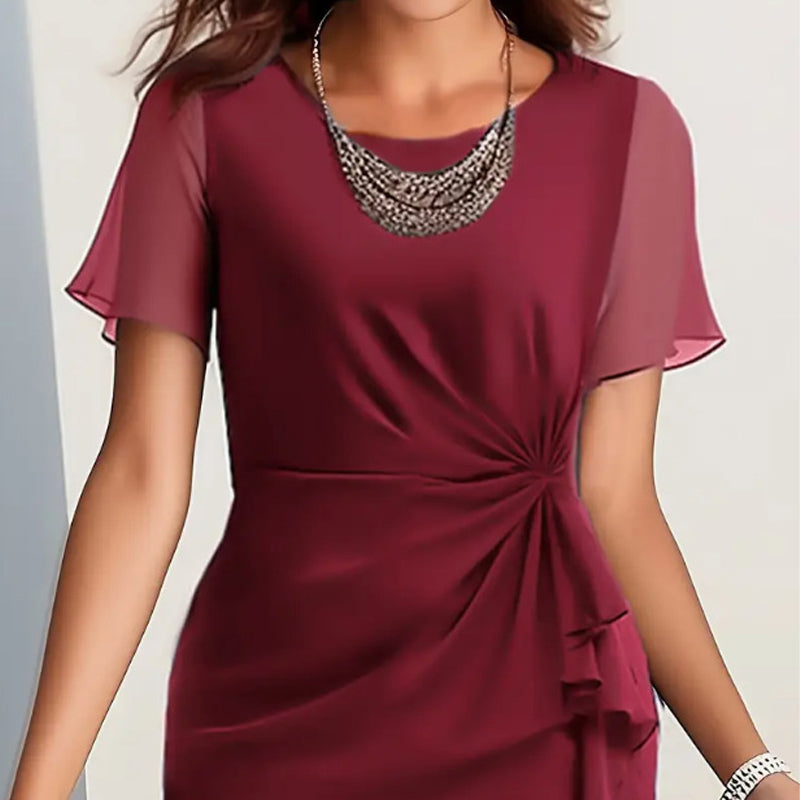 Chiffon Round Neck Short Sleeve Ruched Ruffle Midi Dress 2