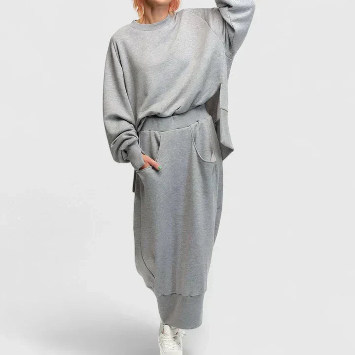 Crew Neck Sweatshirt and Pocket Midi Skirt Two Piece Set