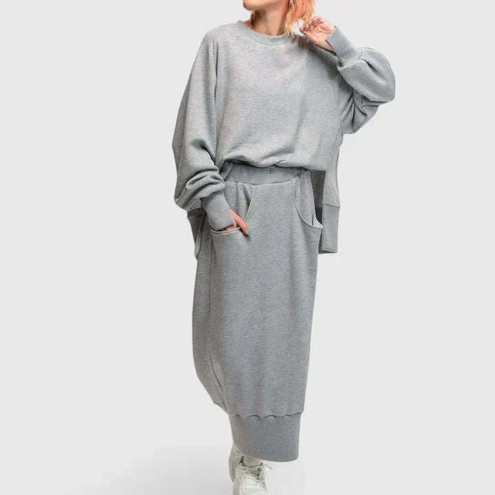 Crew Neck Sweatshirt and Pocket Midi Skirt Two Piece Set