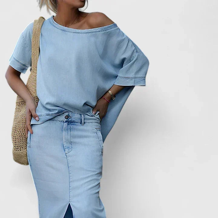 High Waist Front Slit Denim Maxi Skirt