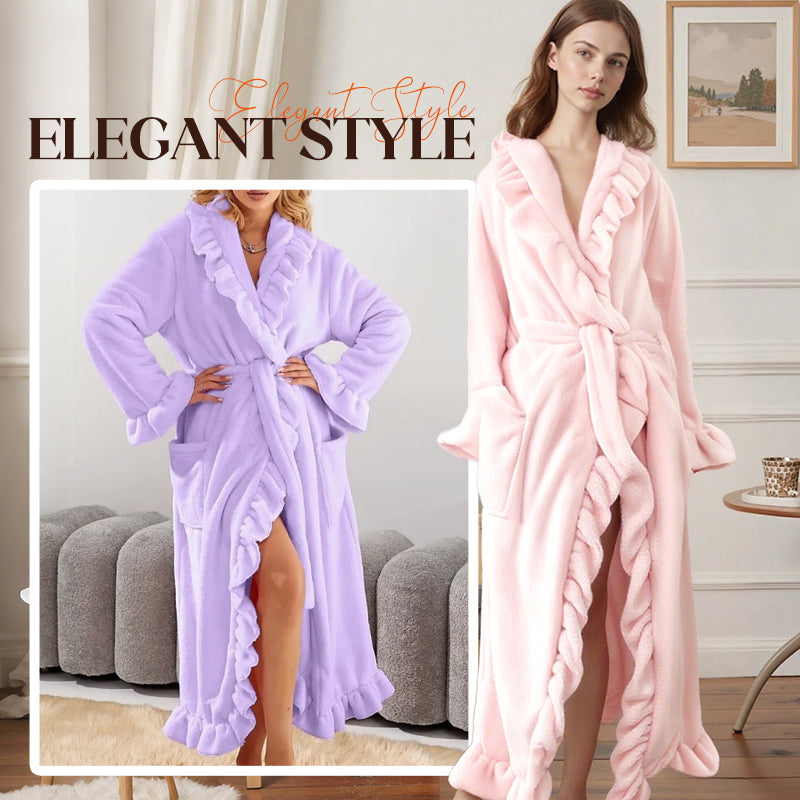 Fleece Ruffle Trim Belted Long Sleeve Dressing Gown