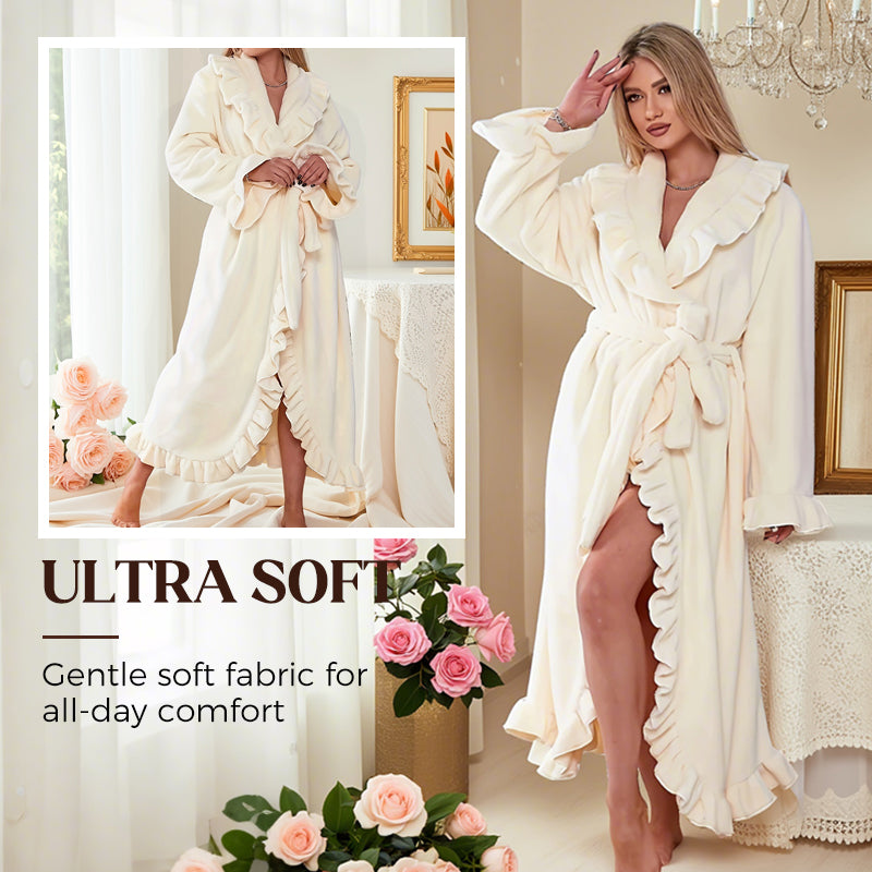 Fleece Ruffle Trim Belted Long Sleeve Dressing Gown
