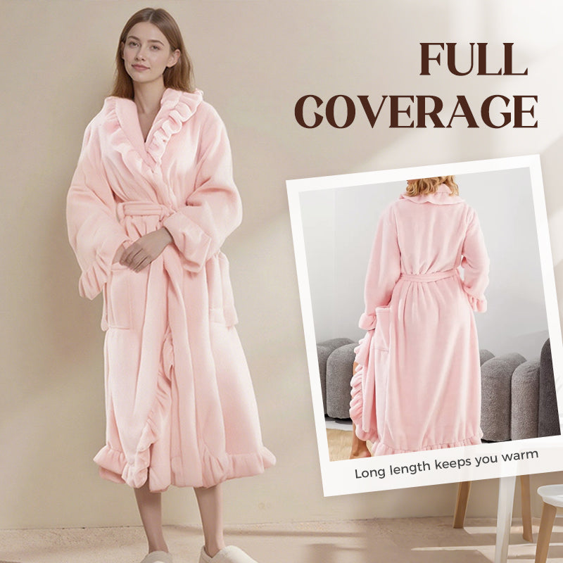 Fleece Ruffle Trim Belted Long Sleeve Dressing Gown